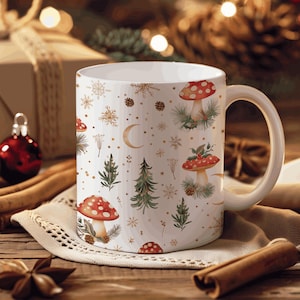 Mushroom Christmas Tree Winter Wonderland, Enchanted Forest Woodland Decor, Magical Forest Coffee Cup Holiday Gift, Cottagecore Christmas