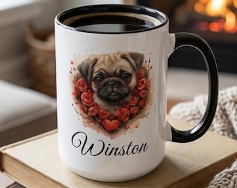 Personalized Pug Mug: Watercolor Fawn Pug Portrait Coffee Cup, Custom Dog Name Keepsake
