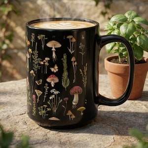 Vintage Mushroom Mug Botanical Wildflower Coffee Cup Dark Cottagecore Gift Woodland Nature Lover Forest Decor
