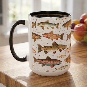 Trout Fishing Mug Angler Coffee Cup Gift for Outdoorsman Fisherman Nature Lover Cabin Decor Lake House Host Camping Hiking Stocking Stuffer