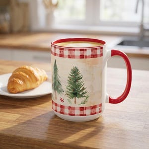 Red Gingham Christmas Mug with Watercolor Trees Cozy Vintage Nostalgic Farmhouse Style Gift for Teacher Friend Neighbor Coworker Holiday Mug image 4