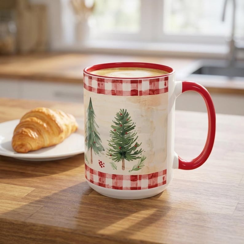 Red Gingham Christmas Mug with Watercolor Trees Cozy Vintage Nostalgic Farmhouse Style Gift for Teacher Friend Neighbor Coworker Holiday Mug image 4
