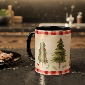 Red Gingham Christmas Mug with Watercolor Trees Cozy Vintage Nostalgic Farmhouse Style Gift for Teacher Friend Neighbor Coworker Holiday Mug image 15