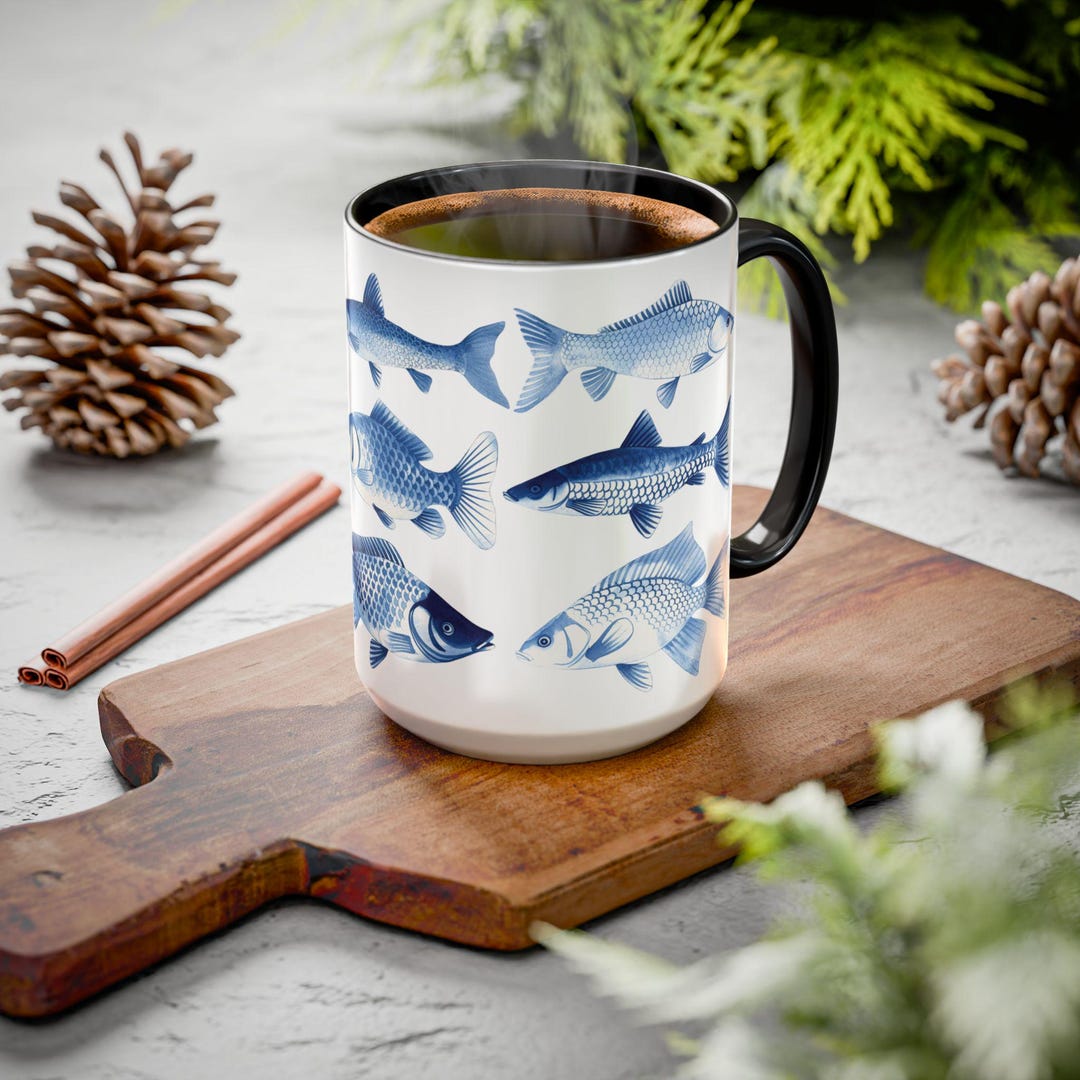 Fish Stack Mug Blue and White Fish Mug Coastal Vintage Angler Kitchen Decor - Etsy