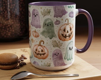 Pastel Halloween Mug: Crochet Ghosts and Pumpkins - Spooky Season Coffee Cup