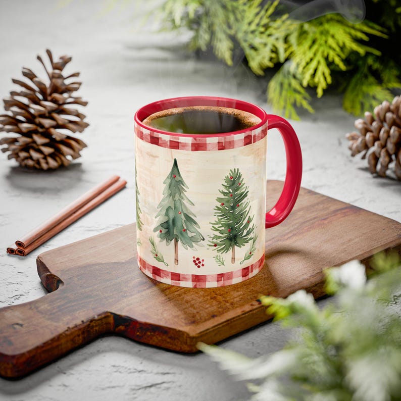 Red Gingham Christmas Mug with Watercolor Trees Cozy Vintage Nostalgic Farmhouse Style Gift for Teacher Friend Neighbor Coworker Holiday Mug image 9