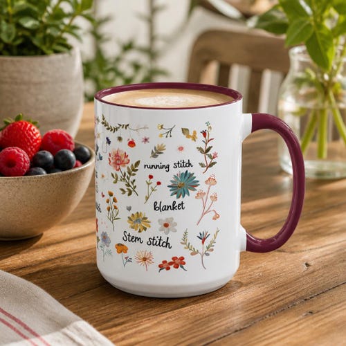 Taza botánica con puntadas de bordado, decoración para amantes de la costura, regalo para amantes de las manualidades y del patchwork.