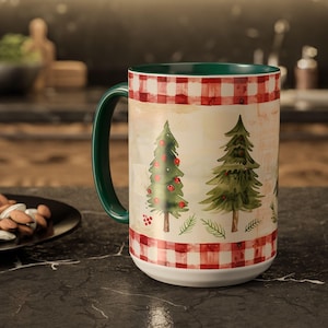 Red Gingham Christmas Mug with Watercolor Trees Cozy Vintage Nostalgic Farmhouse Style Gift for Teacher Friend Neighbor Coworker Holiday Mug image 6