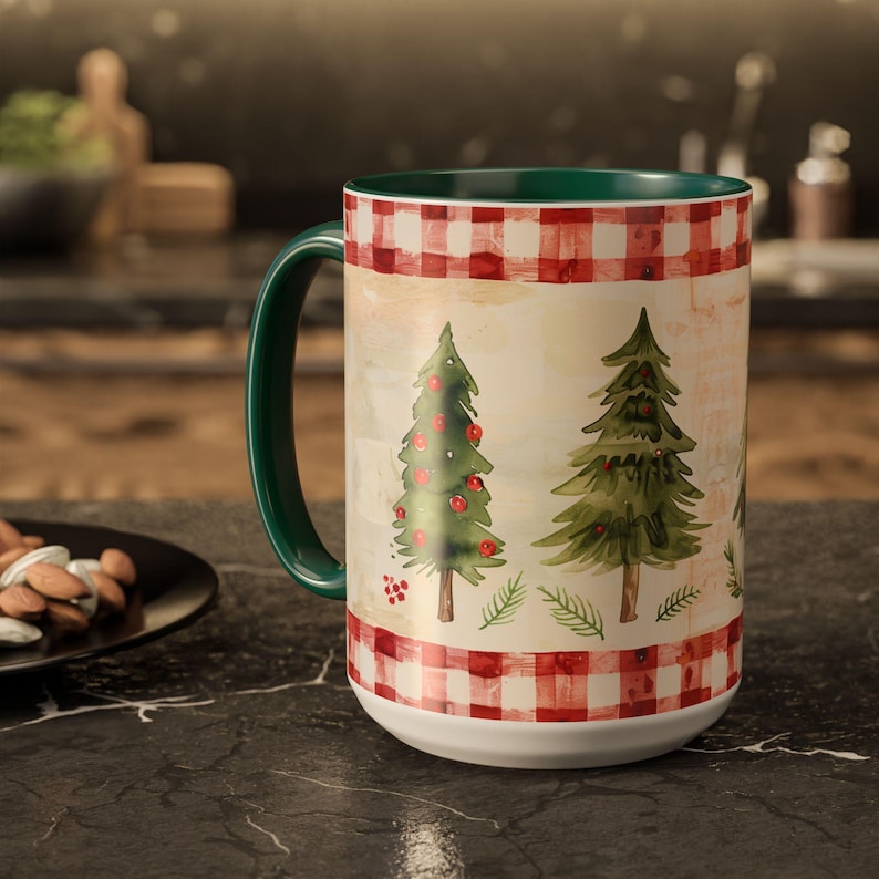 Red Gingham Christmas Mug with Watercolor Trees Cozy Vintage Nostalgic Farmhouse Style Gift for Teacher Friend Neighbor Coworker Holiday Mug image 6