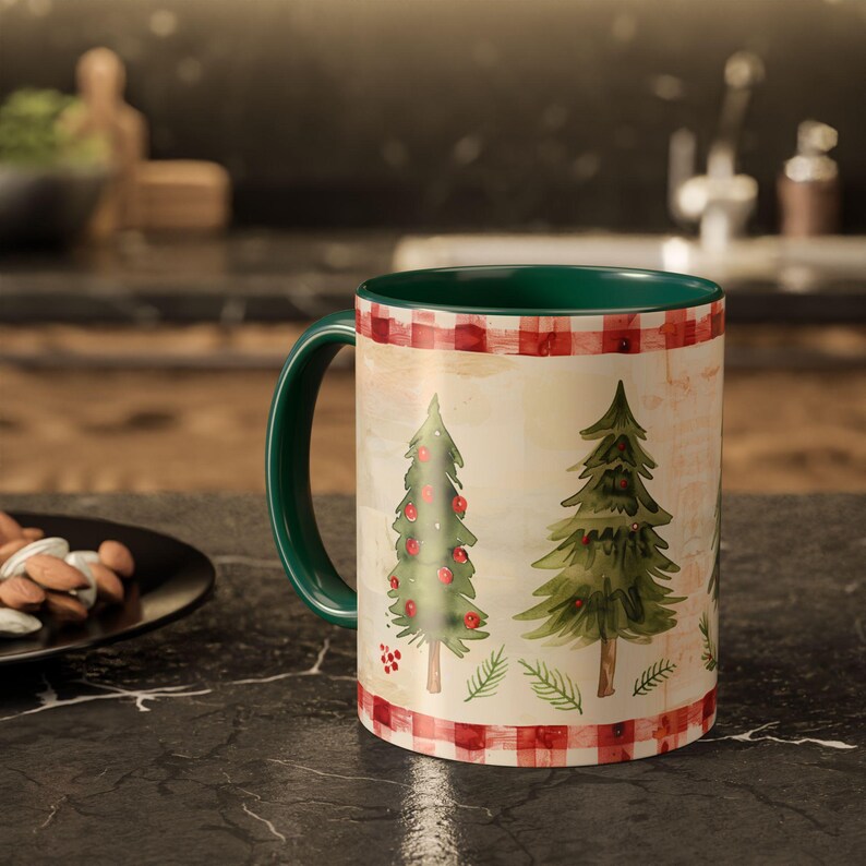 Red Gingham Christmas Mug with Watercolor Trees Cozy Vintage Nostalgic Farmhouse Style Gift for Teacher Friend Neighbor Coworker Holiday Mug image 13