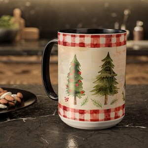 Red Gingham Christmas Mug with Watercolor Trees Cozy Vintage Nostalgic Farmhouse Style Gift for Teacher Friend Neighbor Coworker Holiday Mug image 8