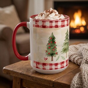 Red Gingham Christmas Mug with Watercolor Trees Cozy Vintage Nostalgic Farmhouse Style Gift for Teacher Friend Neighbor Coworker Holiday Mug image 3