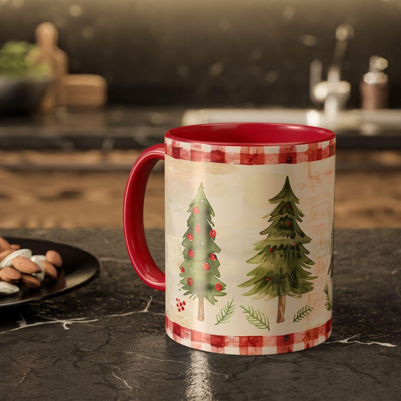 Red Gingham Christmas Mug with Watercolor Trees Cozy Vintage Nostalgic Farmhouse Style Gift for Teacher Friend Neighbor Coworker Holiday Mug image 11
