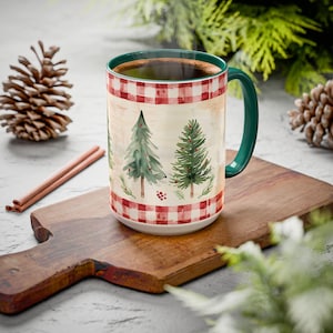 Red Gingham Christmas Mug with Watercolor Trees Cozy Vintage Nostalgic Farmhouse Style Gift for Teacher Friend Neighbor Coworker Holiday Mug image 5