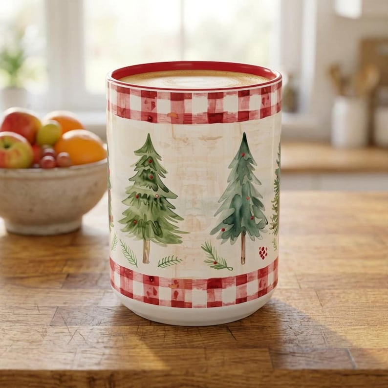 Red Gingham Christmas Mug with Watercolor Trees Cozy Vintage Nostalgic Farmhouse Style Gift for Teacher Friend Neighbor Coworker Holiday Mug image 2