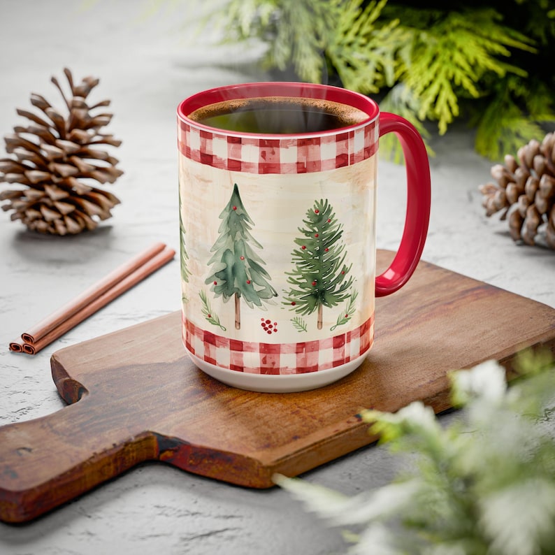 Red Gingham Christmas Mug with Watercolor Trees Cozy Vintage Nostalgic Farmhouse Style Gift for Teacher Friend Neighbor Coworker Holiday Mug image 1