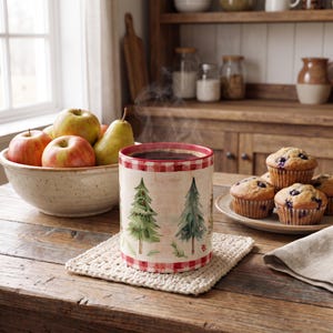 Red Gingham Christmas Mug with Watercolor Trees Cozy Vintage Nostalgic Farmhouse Style Gift for Teacher Friend Neighbor Coworker Holiday Mug image 10