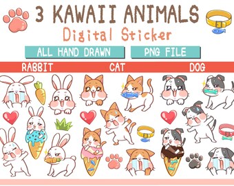 Kawaii Animal Pegatinas Digitales / Conejo Perro Gato Pacs / Conjunto de pegatinas digitales / PNG