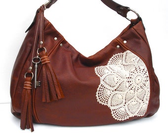 Leather Hobo Bag with Tassels, Vintage Crochet Lace Doily and Antique Key - Extra Large Boho Purse - MADE TO ORDER