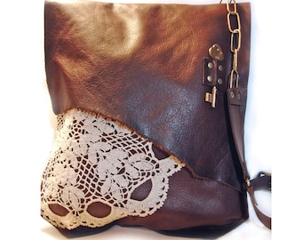 Leather Messenger Bag Leather Cross Body Bag Leather Boho Bag with Doily and Antique Key XL - READY to SHIP