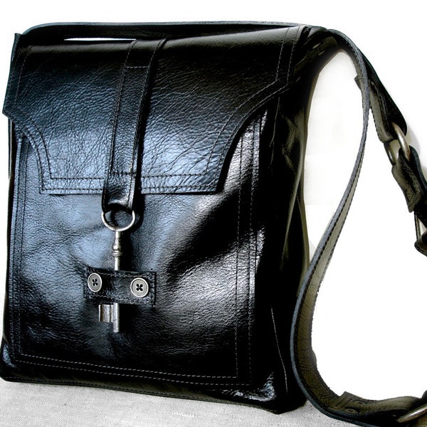 Black Leather Messenger with Antique Key - Unisex Deluxe Steampunk Bag  - MADE TO ORDER