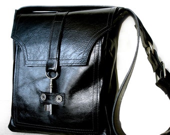 Black Leather Messenger with Antique Key - Unisex Deluxe Steampunk Bag  - MADE TO ORDER