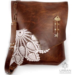 XL Boho Leather Messenger Bag with Crochet Lace & Antique Key MADE to ORDER image 6