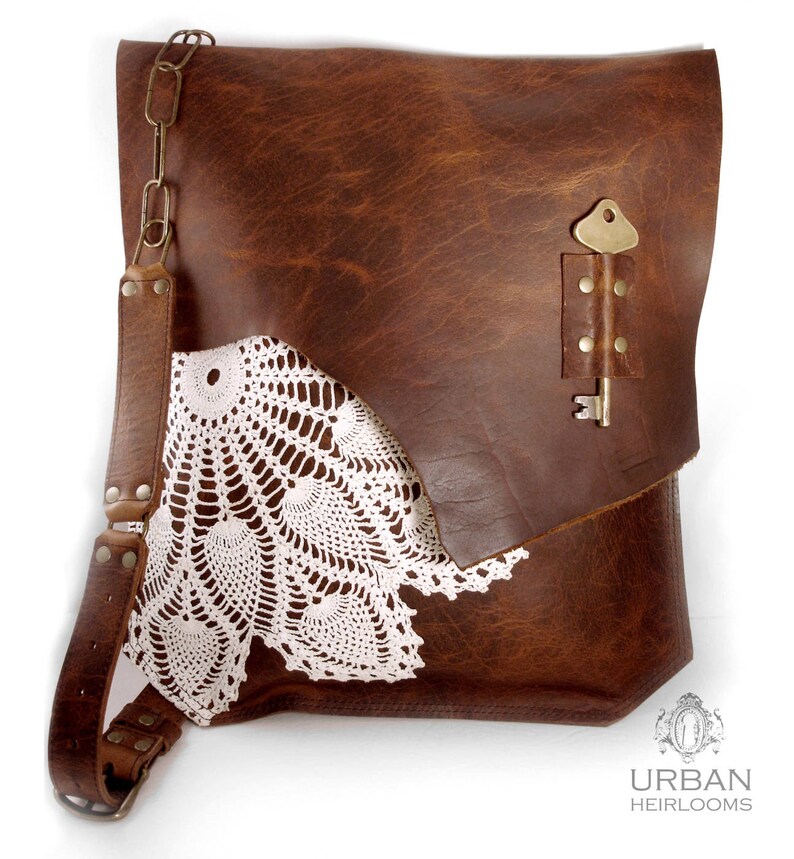 XL Boho Leather Messenger Bag with Crochet Lace & Antique Key MADE to ORDER image 6