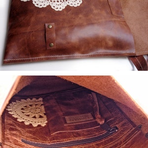 Leather Boho Messenger Bag with Antique Key and Crochet Lace Doily Large Working Key Style MADE TO ORDER image 3