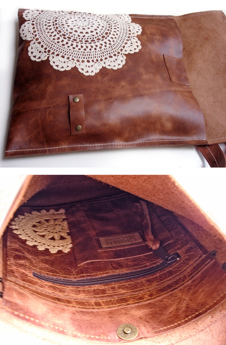 Leather Boho Messenger Bag with Antique Key and Crochet Lace Doily Large Working Key Style MADE TO ORDER image 3