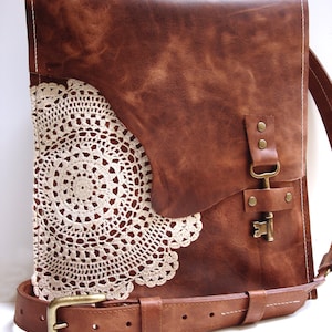 Leather Boho Messenger Bag with Antique Key and Crochet Lace Doily Large Working Key Style MADE TO ORDER image 1