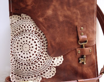 Leather Boho Messenger Bag with Antique Key and Crochet Lace Doily - Large Working Key Style - MADE TO ORDER