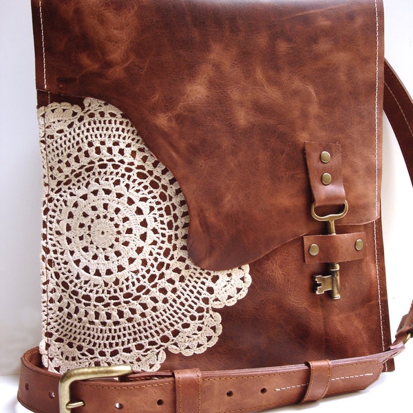 Leather Boho Messenger Bag with Antique Key and Crochet Lace Doily - Large Working Key Style - MADE TO ORDER