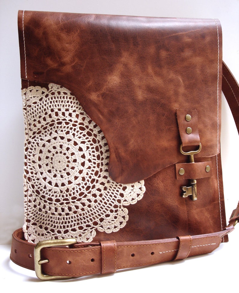 Leather Boho Messenger Bag with Antique Key and Crochet Lace Doily Large Working Key Style MADE TO ORDER image 1