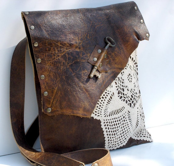 Boho Leather Messenger Bag with Antique Key and Crochet Etsy