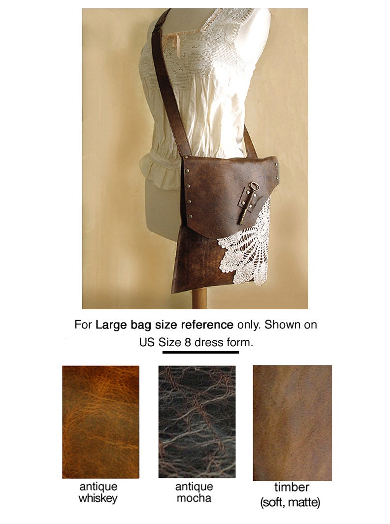 Leather Boho Messenger Bag With Antique Key and Crochet Lace Etsy