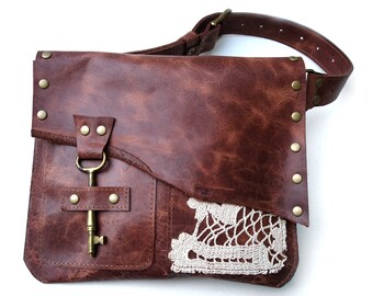 Boho Leather Hip Bag with Vintage Crochet Doily and Antique Key - MADE TO ORDER - Fanny Pack Festival Utility Belt Bag