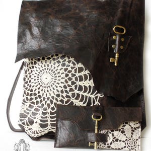 XL Boho Leather Messenger Bag with Crochet Lace & Antique Key MADE to ORDER image 7