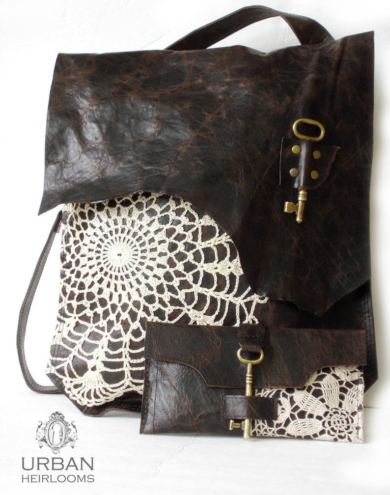 XL Boho Leather Messenger Bag with Crochet Lace & Antique Key MADE to ORDER image 7