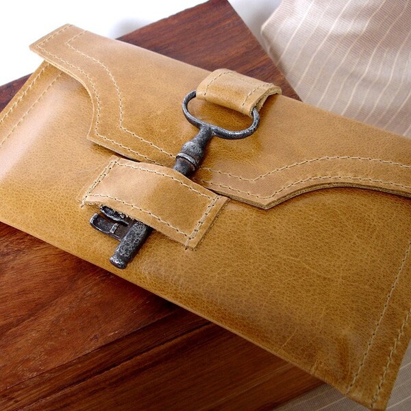 Leather Checkbook Wallet with Antique Key and Snap - Tupelo Honey - MADE TO ORDER