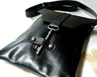 Black Leather Steampunk Messenger with Antique Skeleton Key - Flat  Style - MADE TO ORDER