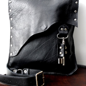 Black Leather Messenger Bag with Antique Skeleton Key Large MADE to ORDER Rocker Biker Steampunk Goth image 1