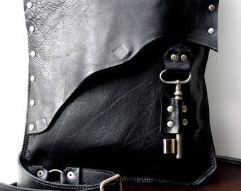 Black Leather Messenger Bag with Antique Skeleton Key - Large MADE to ORDER - Rocker Biker Steampunk Goth