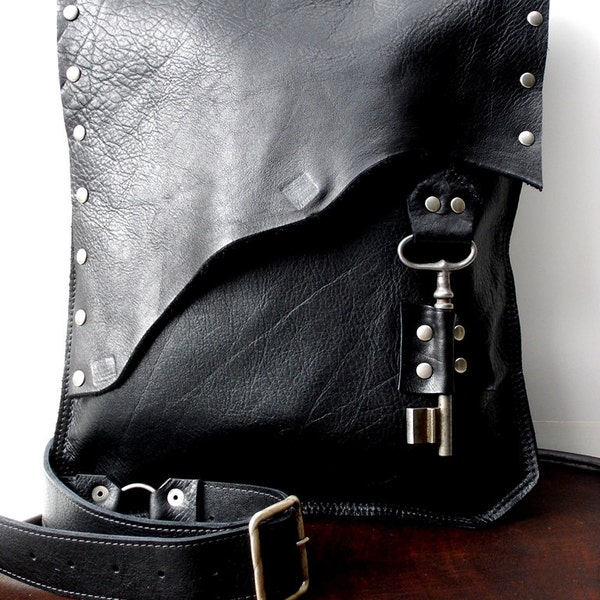 Black Leather Messenger Bag with Antique Skeleton Key - Large MADE to ORDER - Rocker Biker Steampunk Goth