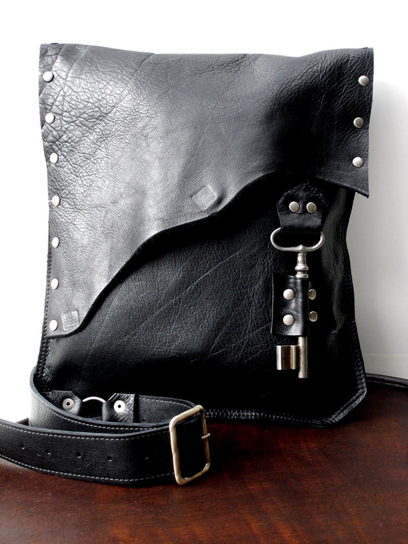 Black Leather Messenger Bag with Antique Skeleton Key Large MADE to ORDER Rocker Biker Steampunk Goth image 1