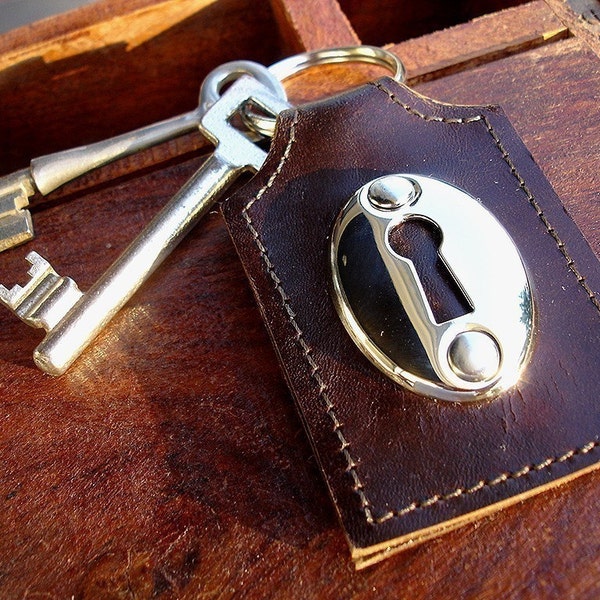 Lincey Leather Key Fob with Escutcheon and Skeleton Key...Whiskey Brown