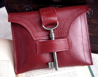 Red Leather Wallet with Antique Skeleton Key and Snap - Red Leather Steampunk Wallet Unisex Women's Red Wallet MADE TO ORDER