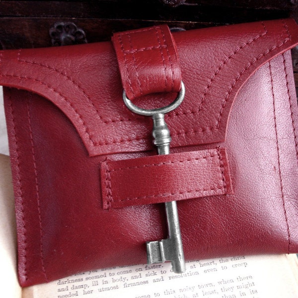 Red Leather Wallet with Antique Skeleton Key and Snap - Red Leather Steampunk Wallet Unisex Women's Red Wallet MADE TO ORDER