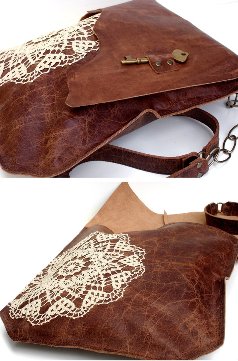 XL Boho Leather Messenger Bag With Crochet Lace & Antique Key Etsy