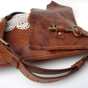 Leather Boho Messenger Bag with Antique Key and Crochet Lace Large Deluxe Hanging Key Style Adjustable Buckle Strap MADE TO ORDER image 2